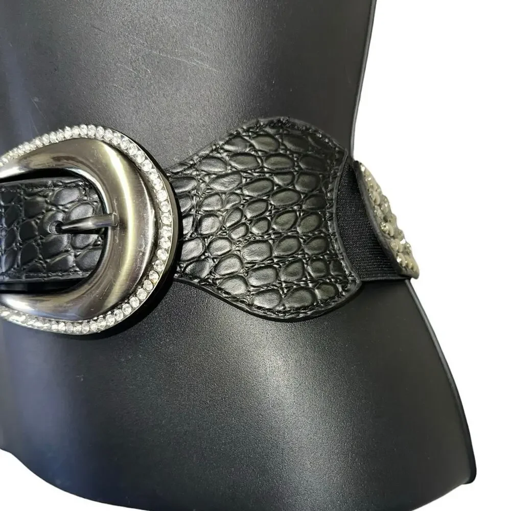 Black Croc Embossed Stretch Belt Rhinestone Buckle Statement Waist Belt OS